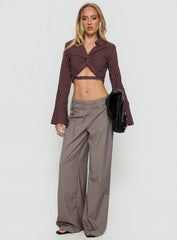 Anslee Wrap Detail Cropped Long Sleeve Top Burgundy Stripe