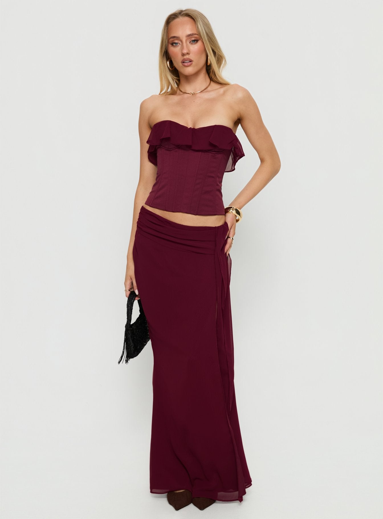 Holliann Strapless Frill Corset Top Wine