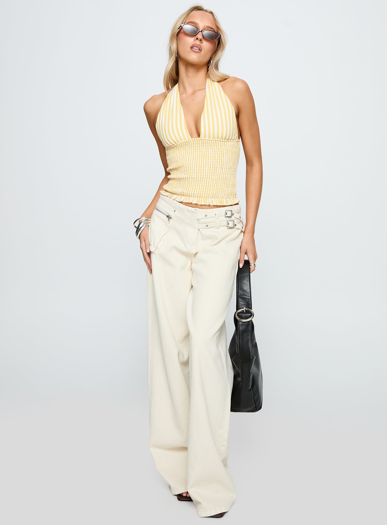 Averin Shirred Halter Top Lemon Stripe