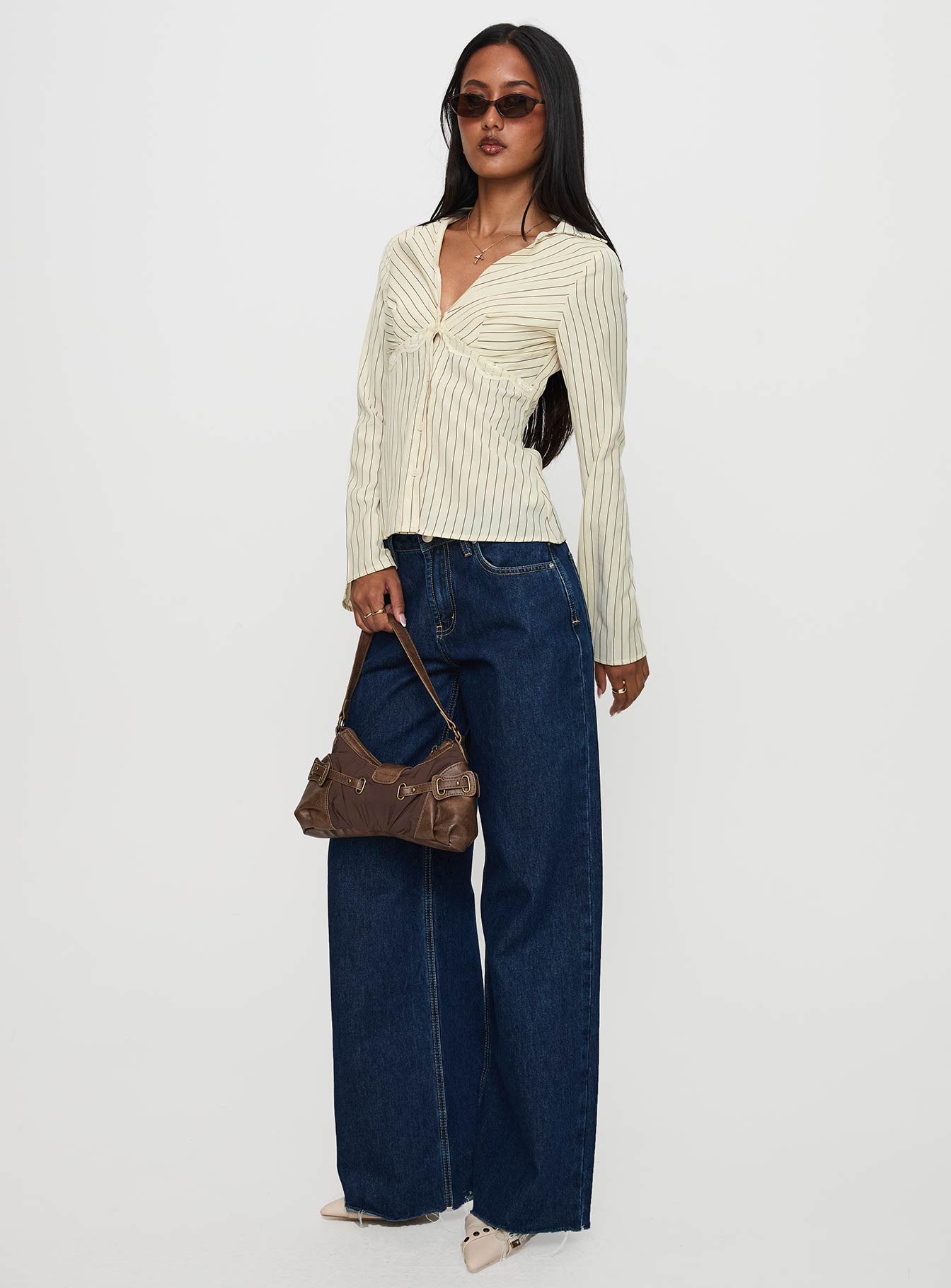 Life Begins Long Sleeve Lace Trim Top Cream Stripe