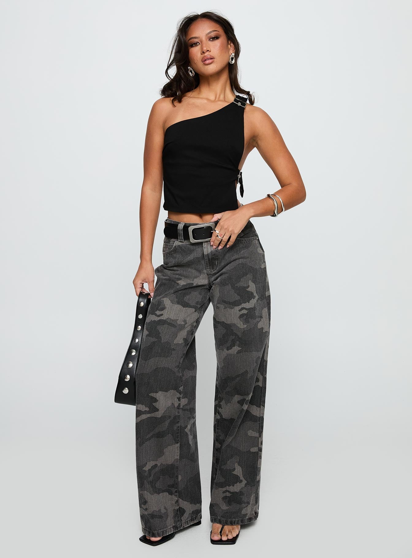 Big Talk Mid Rise Straight Leg Jeans Grey Washed Camo