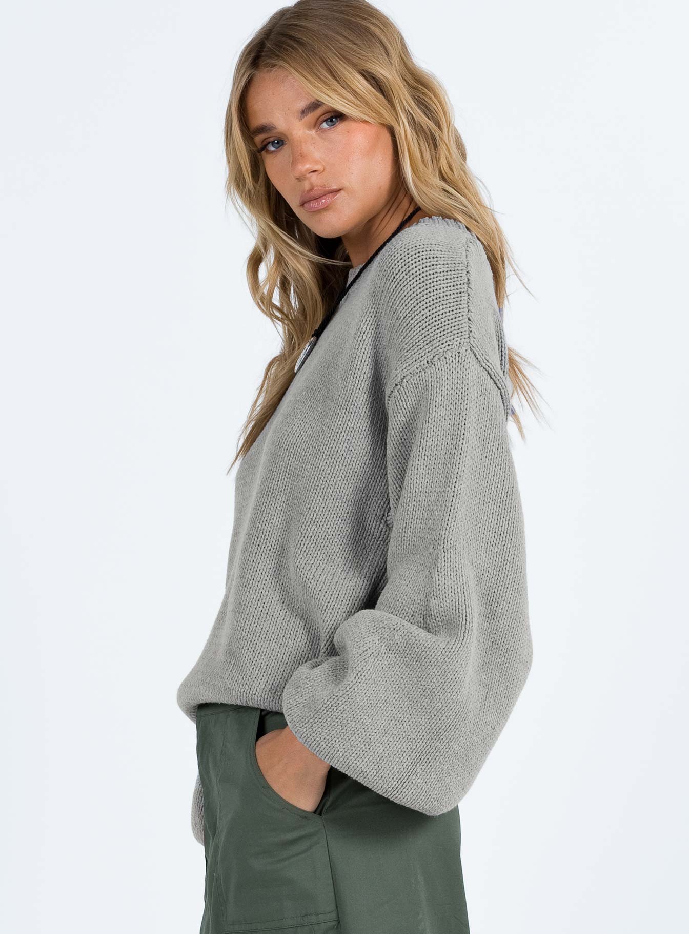 Harmony Balloon Sleeve Knit Sweater Grey