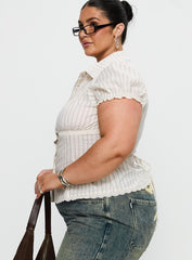 Deserve You Puff Sleeve Button Front Top Cream Stripe Curve
