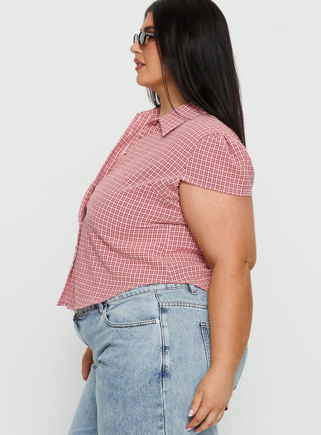 Float Away Button Up Top Red Check Curve