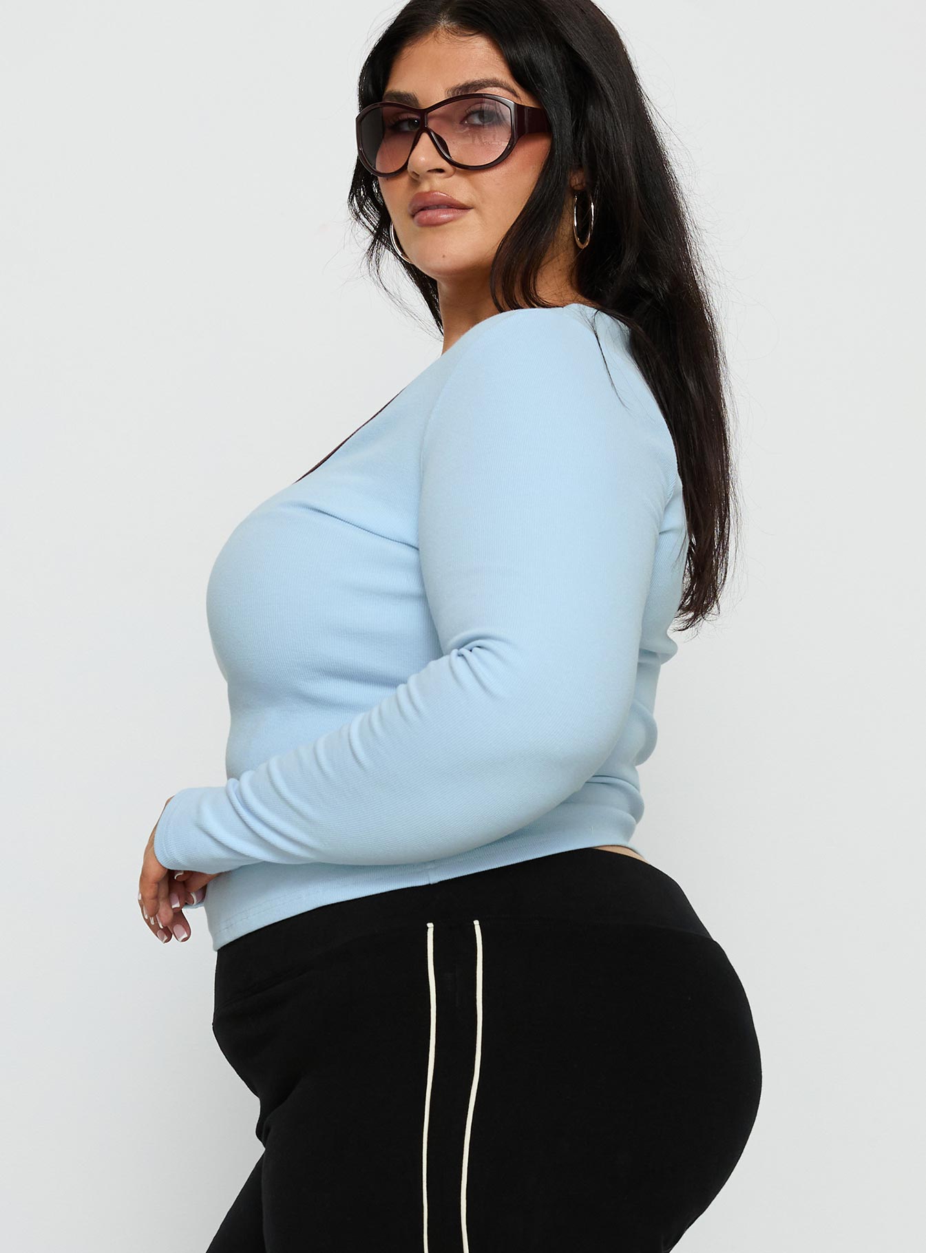 Baseline V Neck Long Sleeve Top Blue / Brown Curve