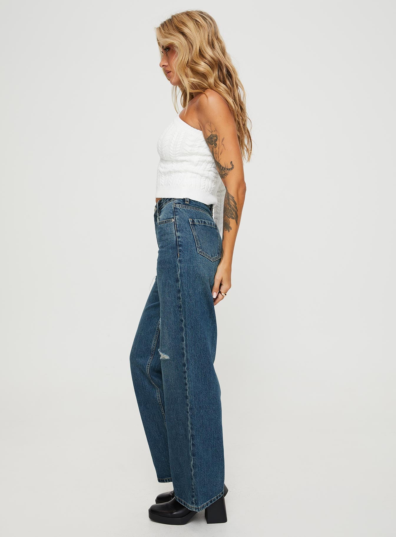 Beetle High Rise Wide Leg Ripped Jeans Mid Wash