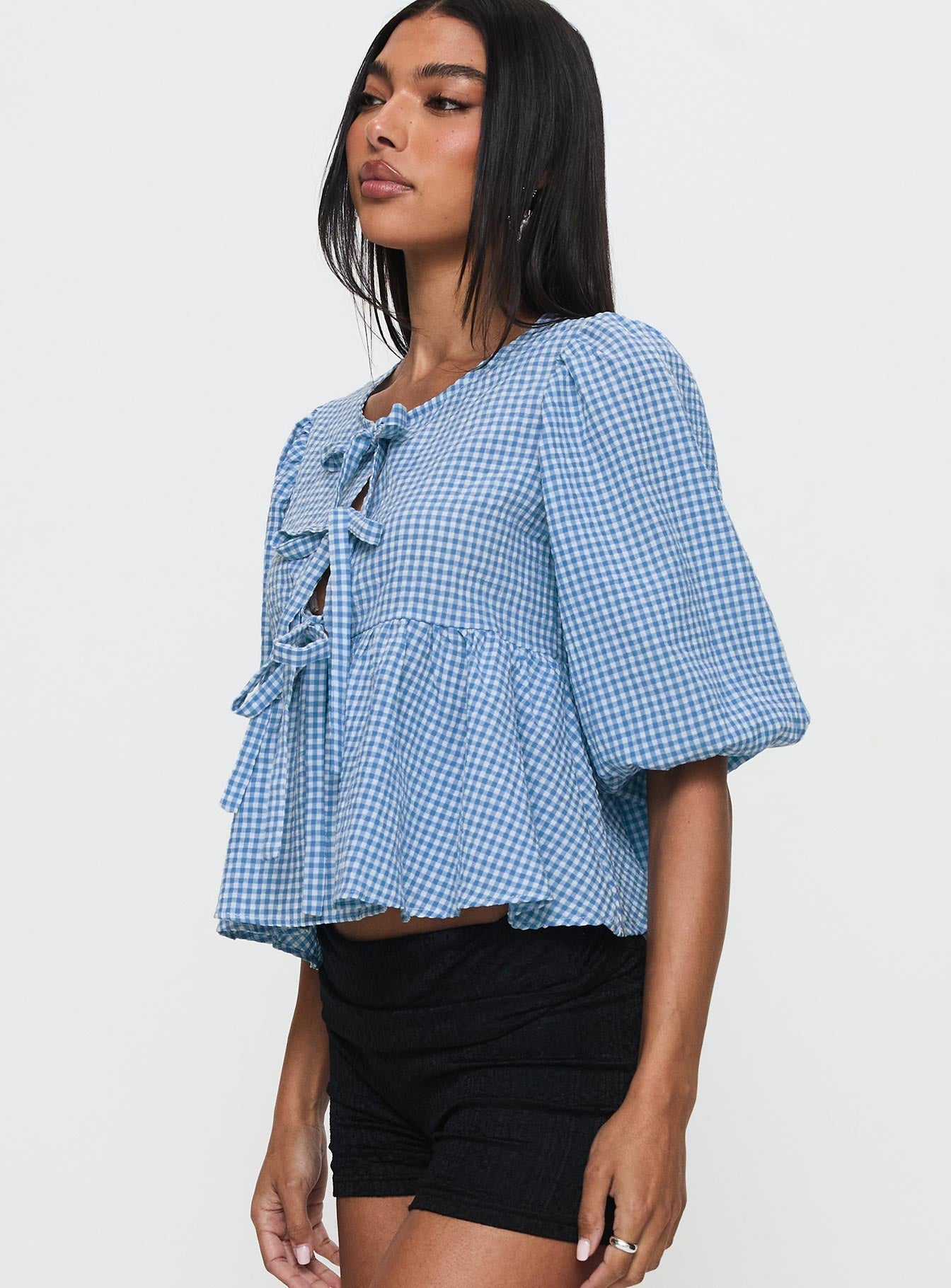 Full House Tie Up Blouse Top Blue Plaid