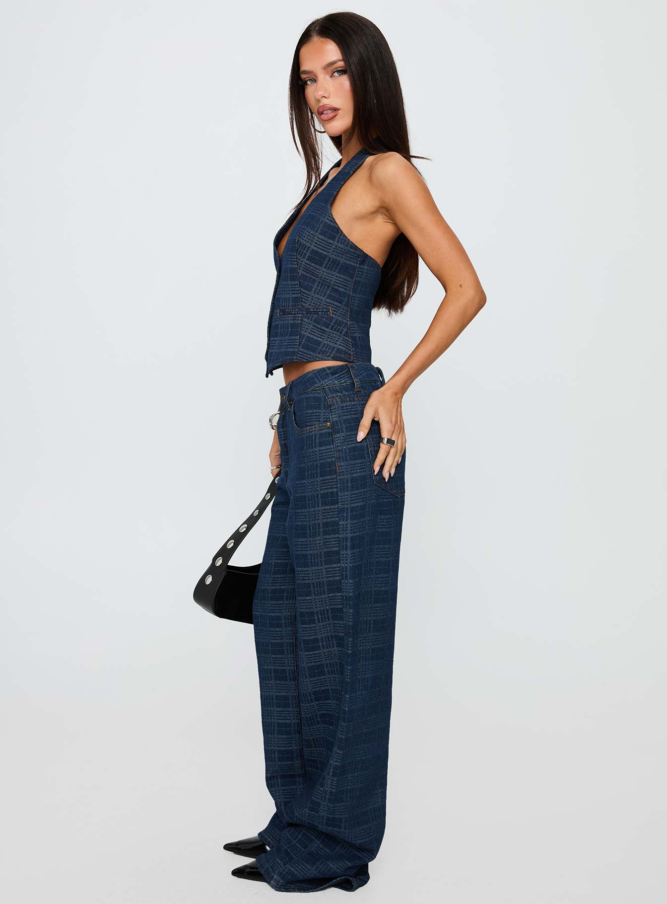 Top Model Low Rise Straight Leg Jeans Indigo Plaid