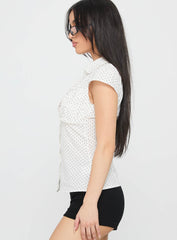 Lyzbeth Ruched Button Up Top White Polka