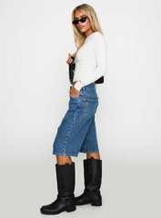 Retro Dream Mid Rise Longline Denim Shorts Mid Wash