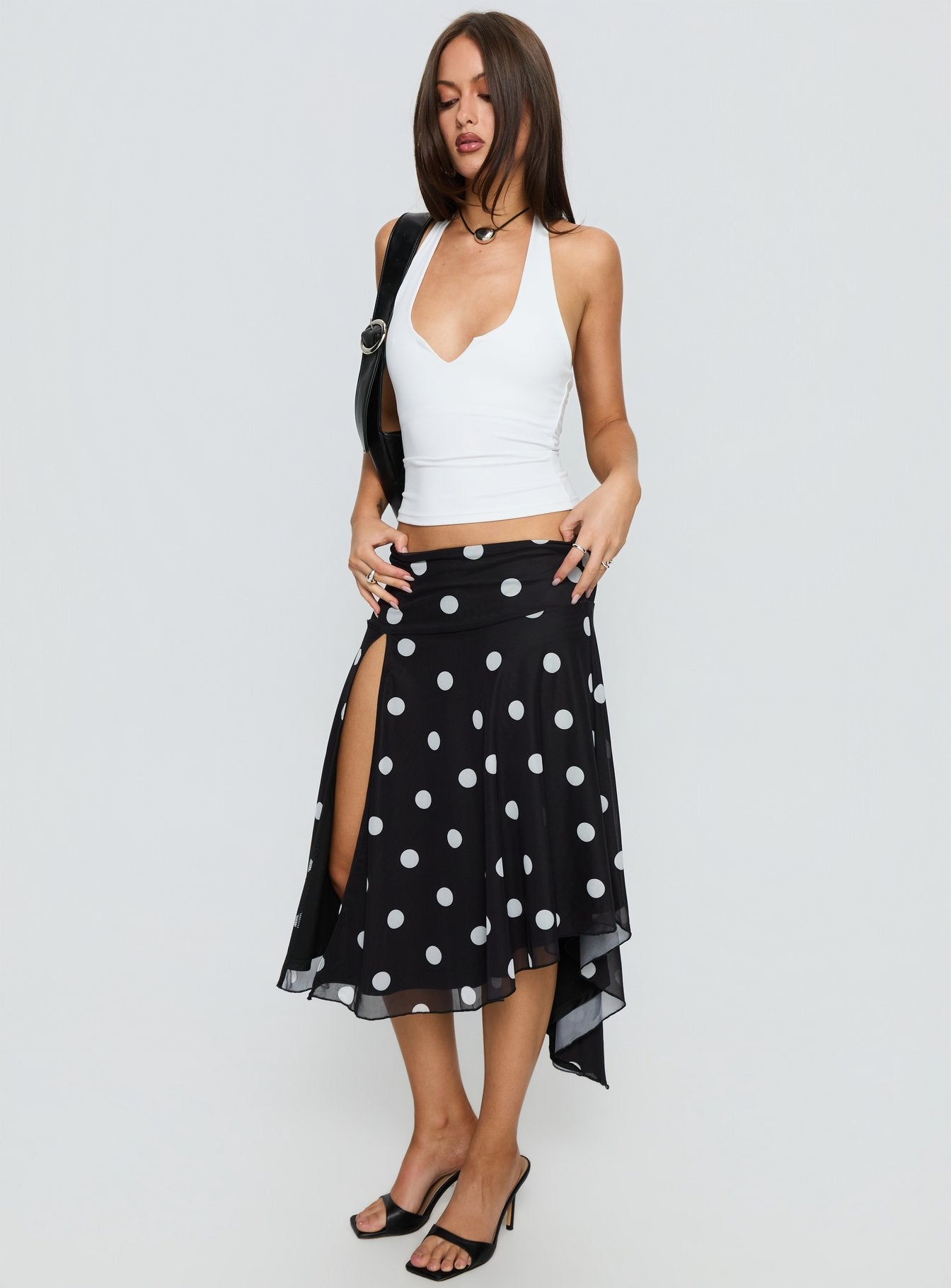 Dulciana High Split Asymmetrical Midi Skirt Black / Polka Dot