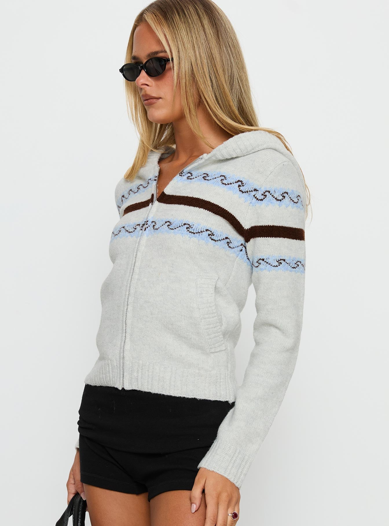 Zaylina Graphic Zip Through Knit Sweater Grey