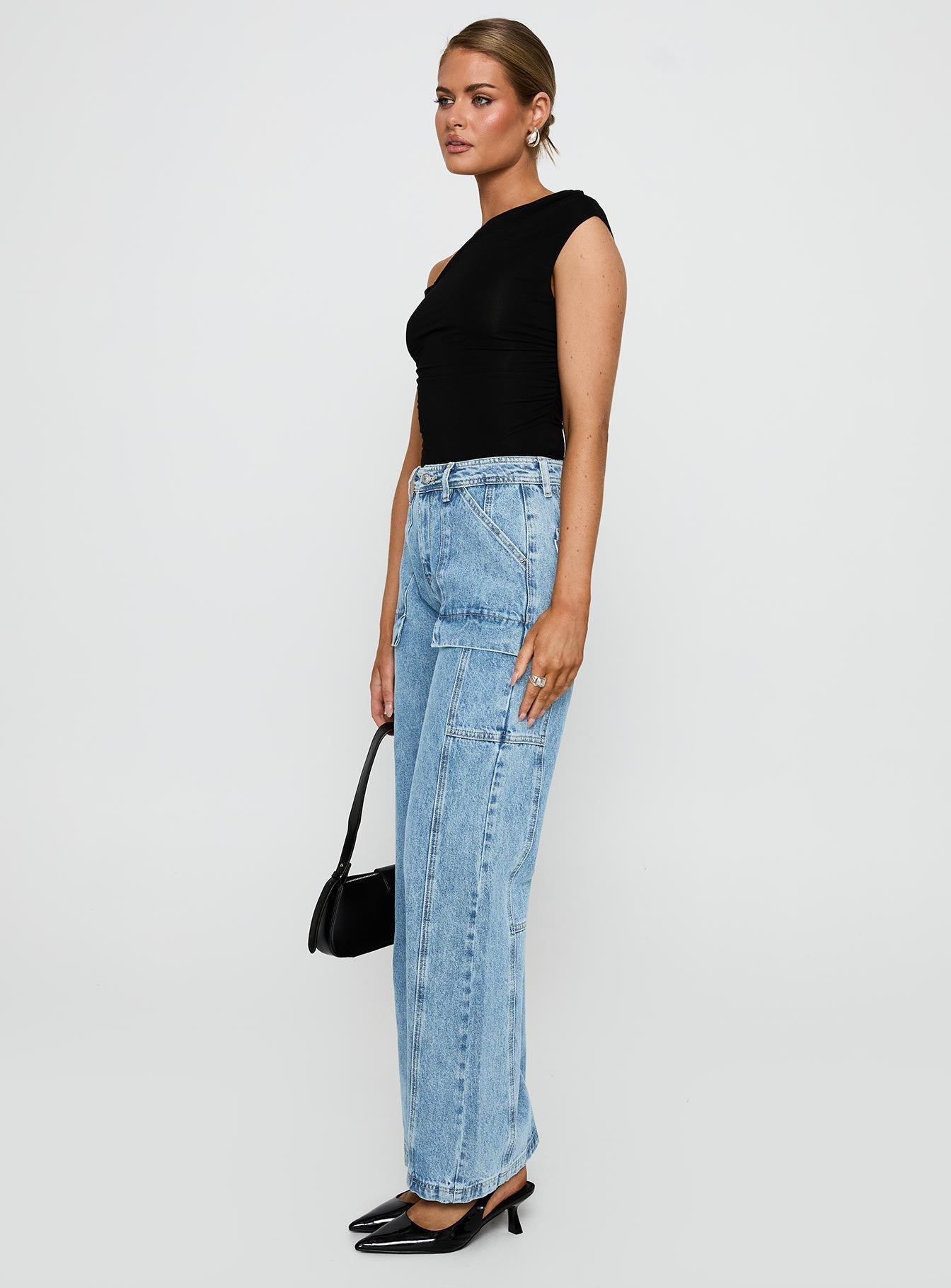 Chad Cargo High Rise Wide Leg Jeans Mid Wash