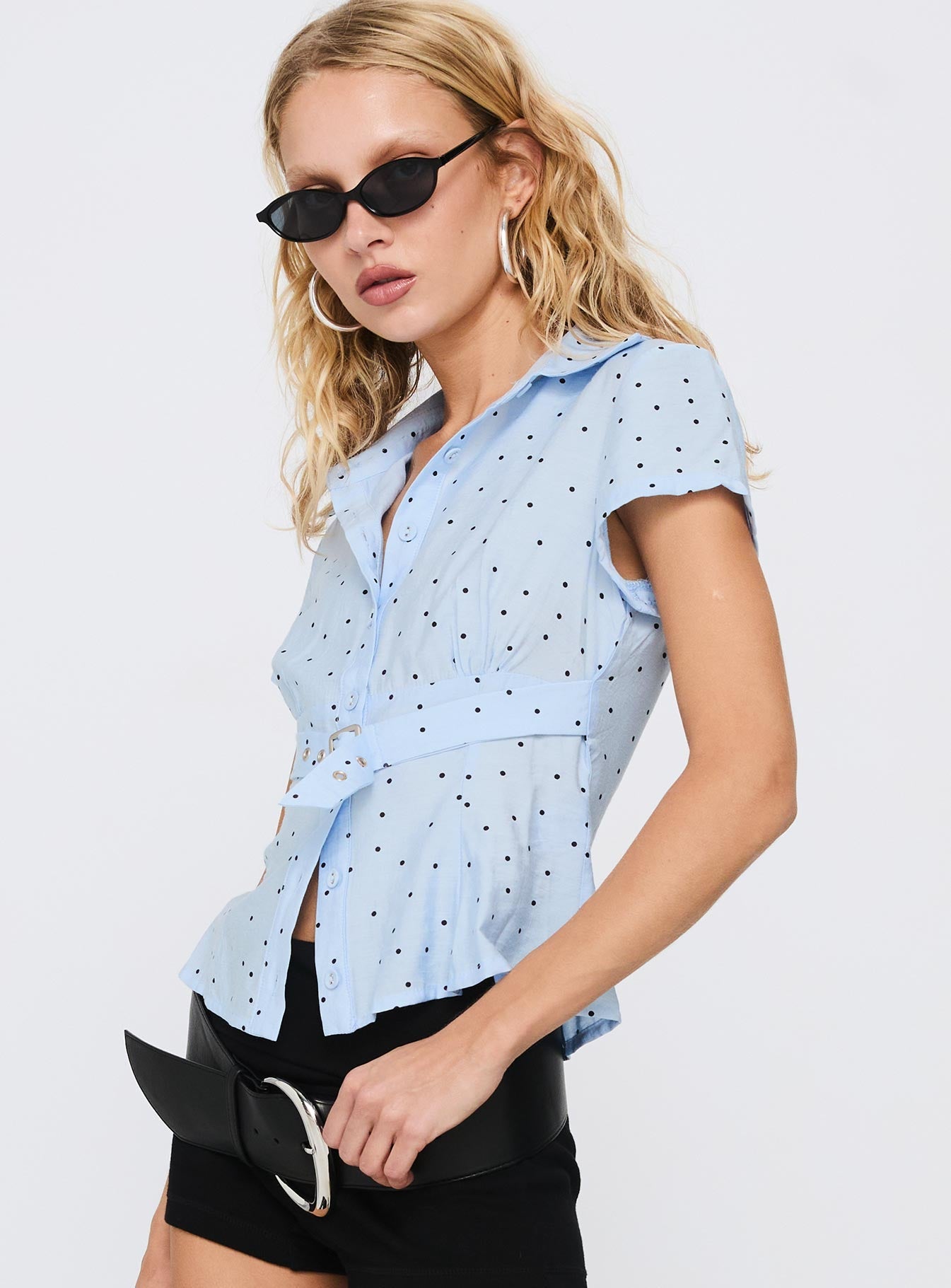 Esteem Buckle Detail Short Sleeve Shirt Blue Polka