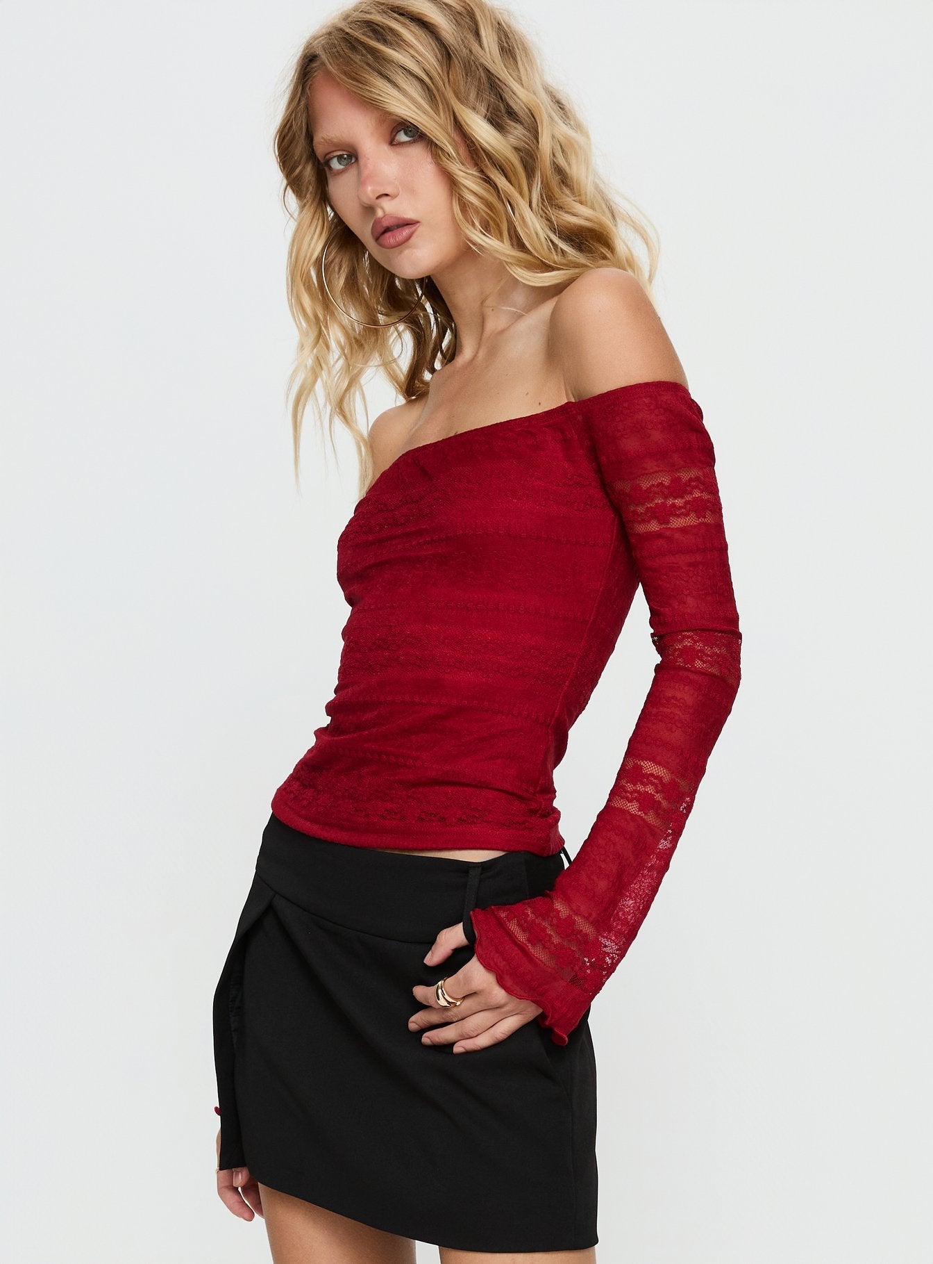 Deyci Lace Off Shoulder Top Red