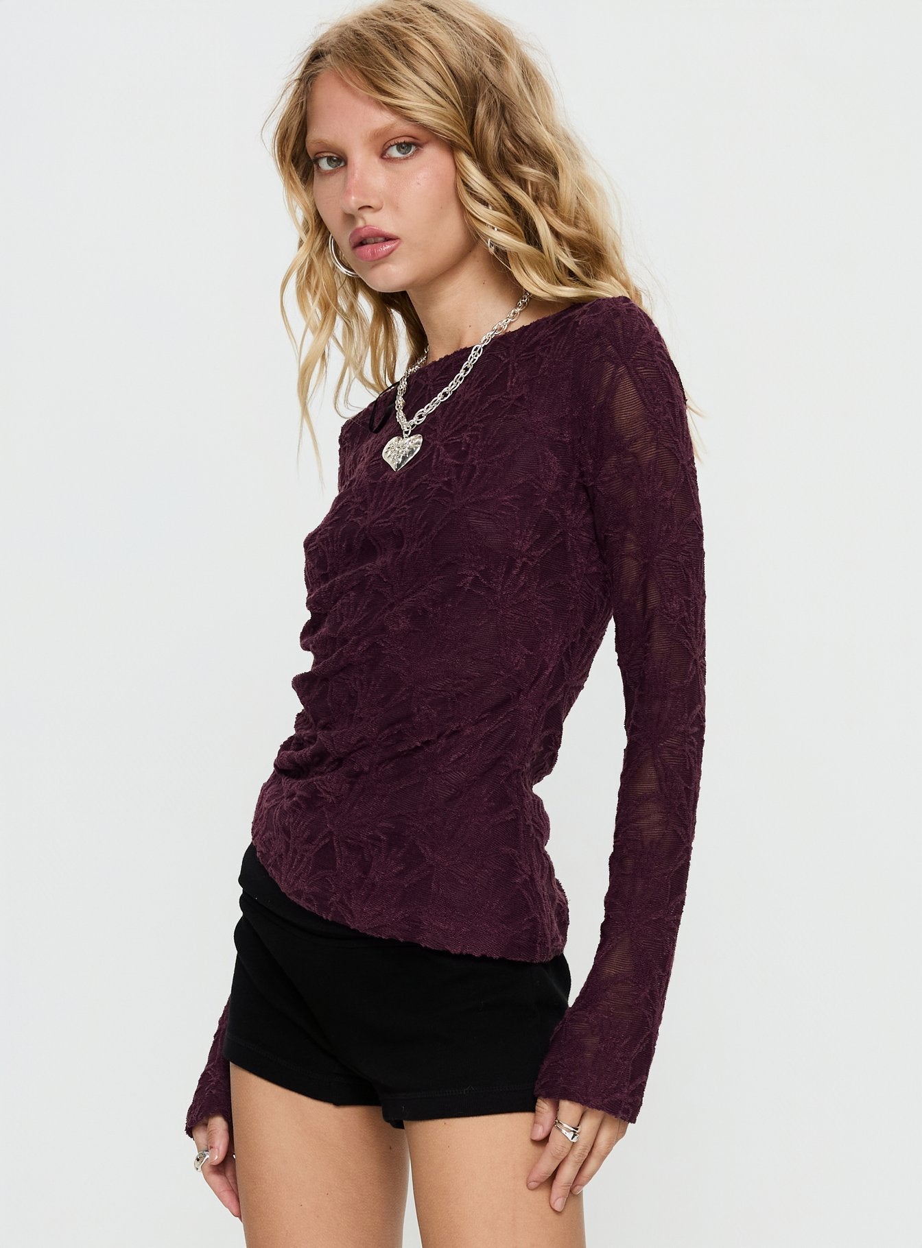Branna Ruched Lace Long Sleeve Top Plum
