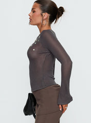 Andia Long Sleeve Sheer Embellished Top Grey