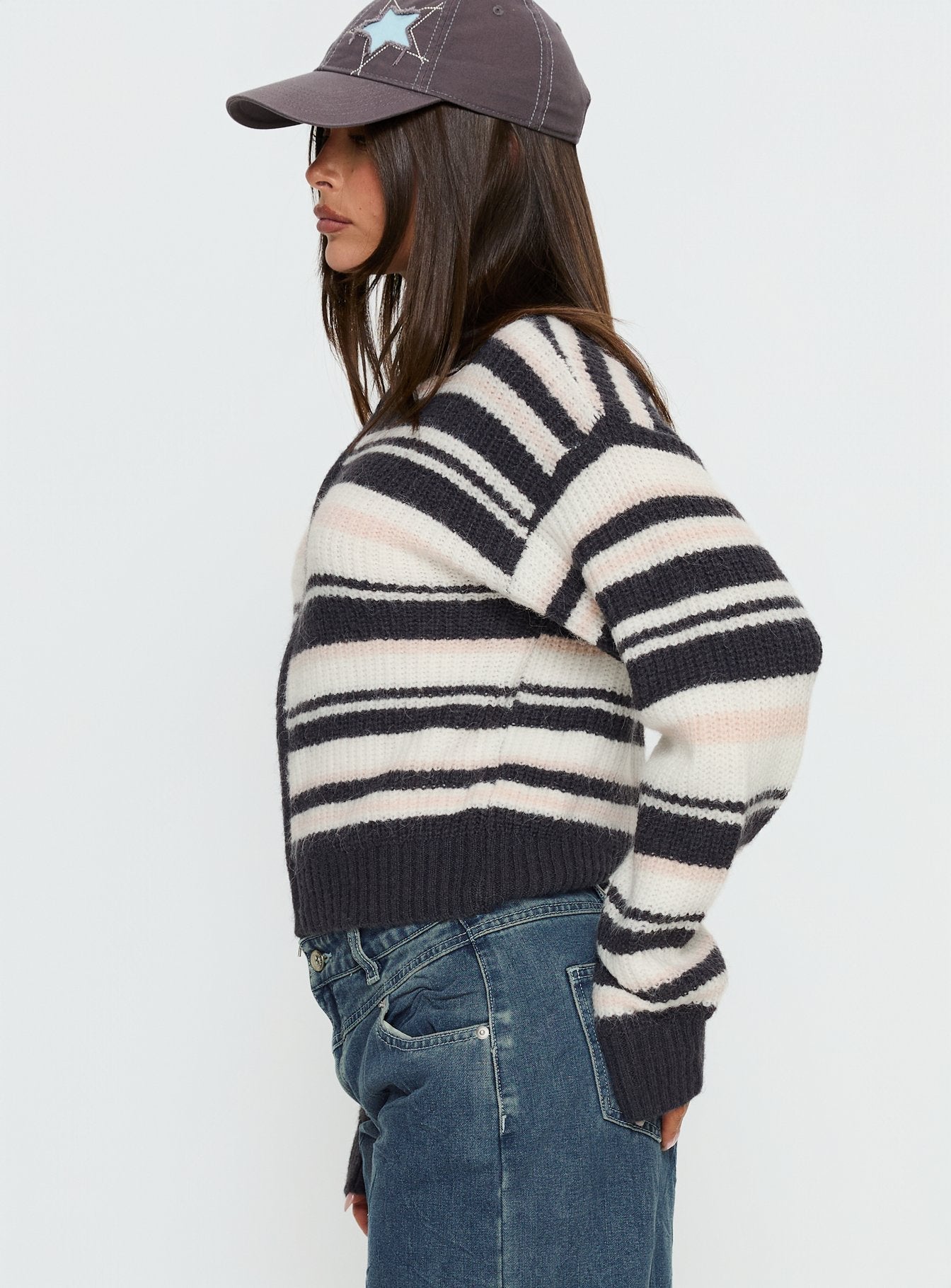 Tetra Zip Through Knit Sweater Pink Stripe