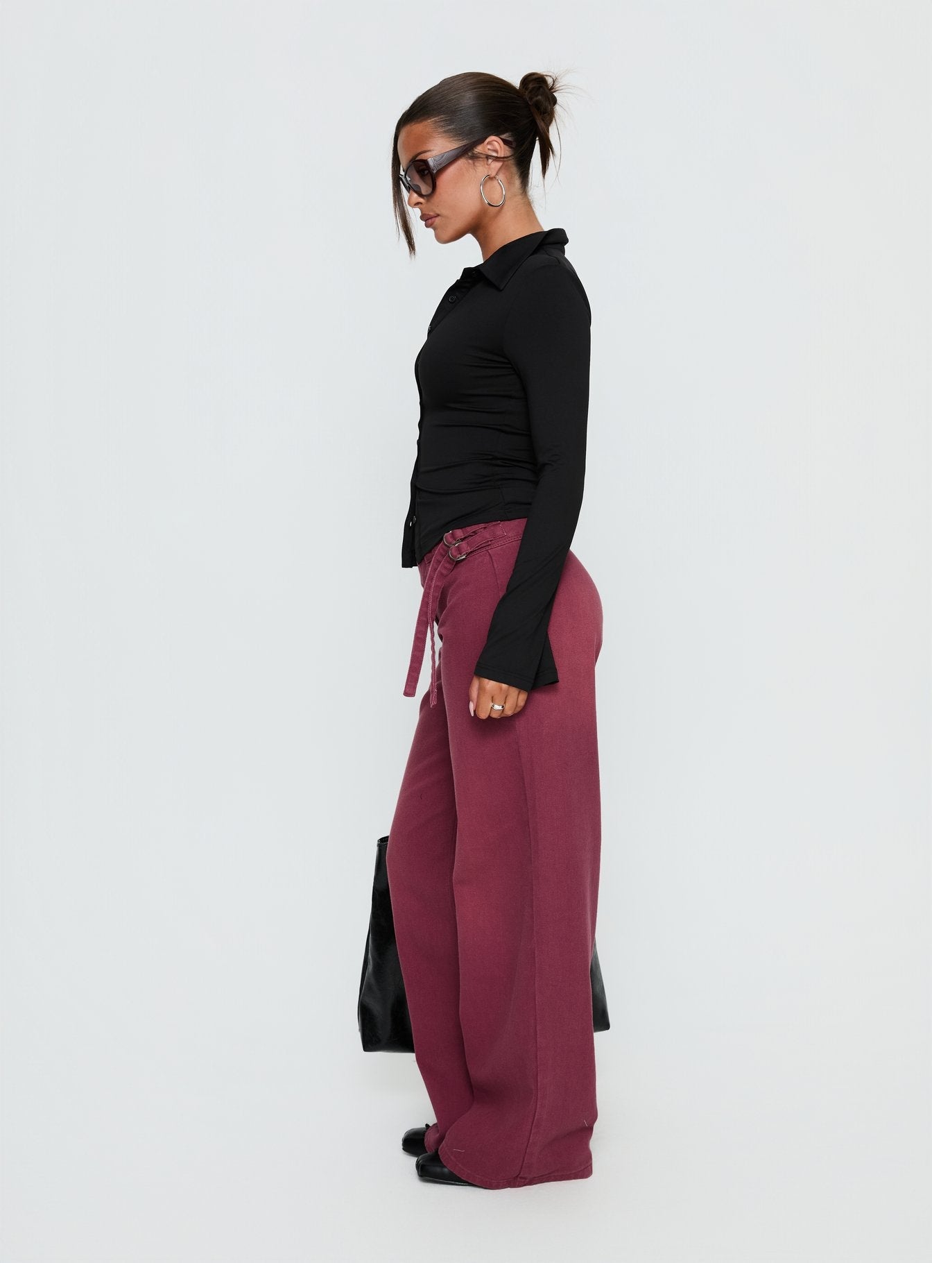 Boxie Mid Rise Wide Leg Jeans Washed Burgundy