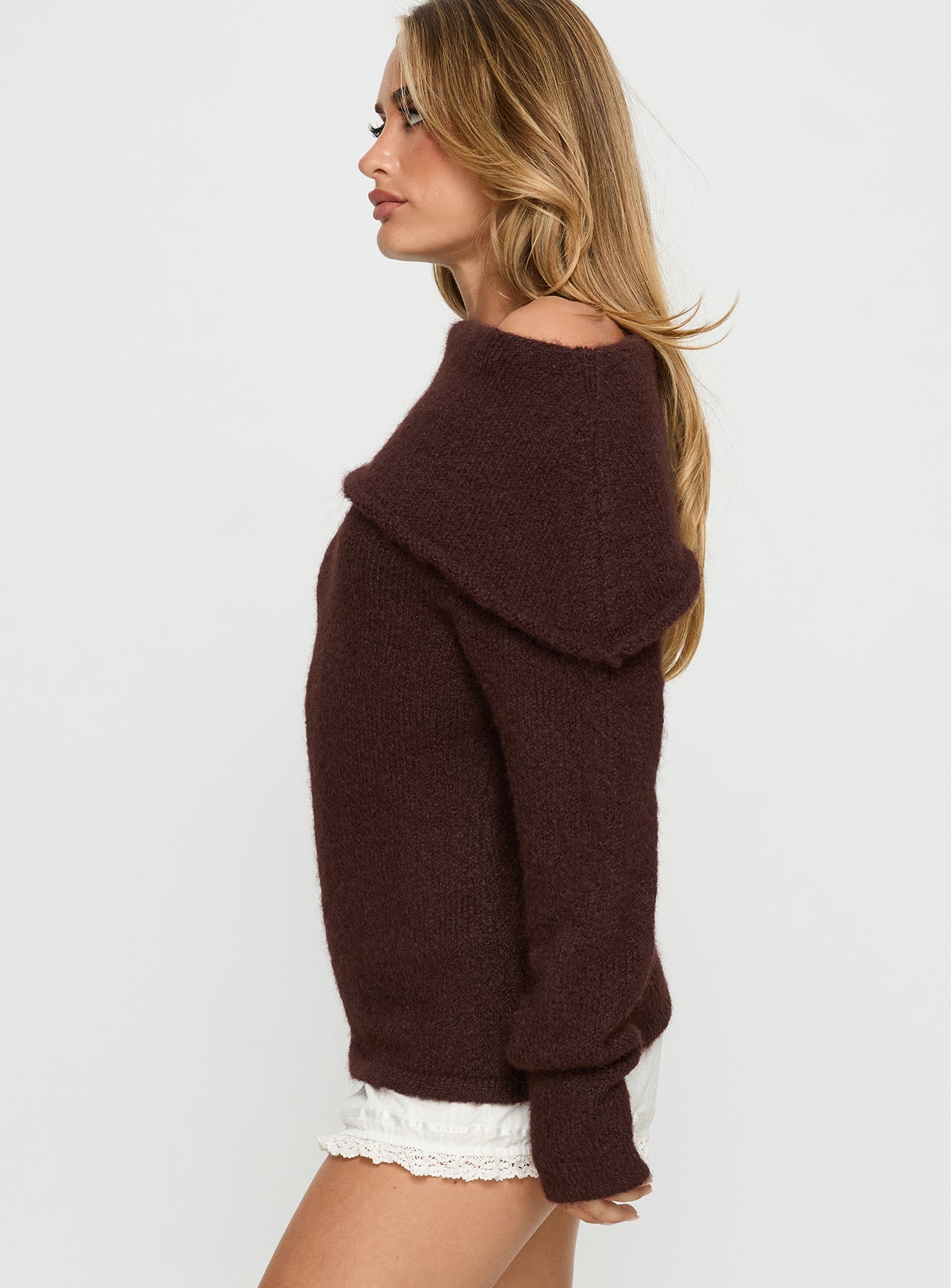 Kinslea Off Shoulder Knit Sweater Brown