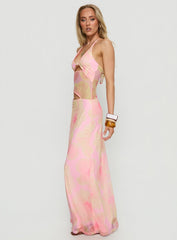 Dyanna Halter Mesh Maxi Dress Pink Floral