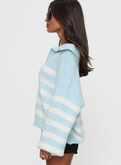 Carolena Long Sleeve Collared Knit Sweater Blue / White Stripe
