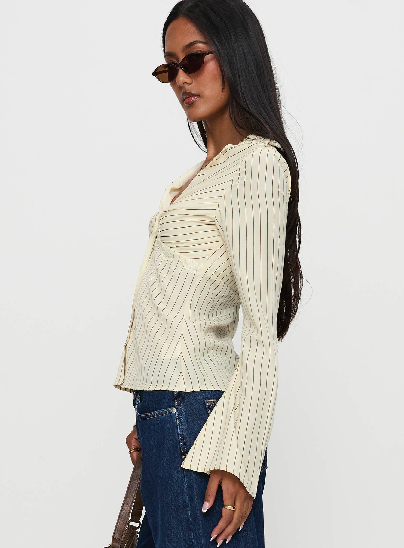 Life Begins Long Sleeve Lace Trim Top Cream Stripe