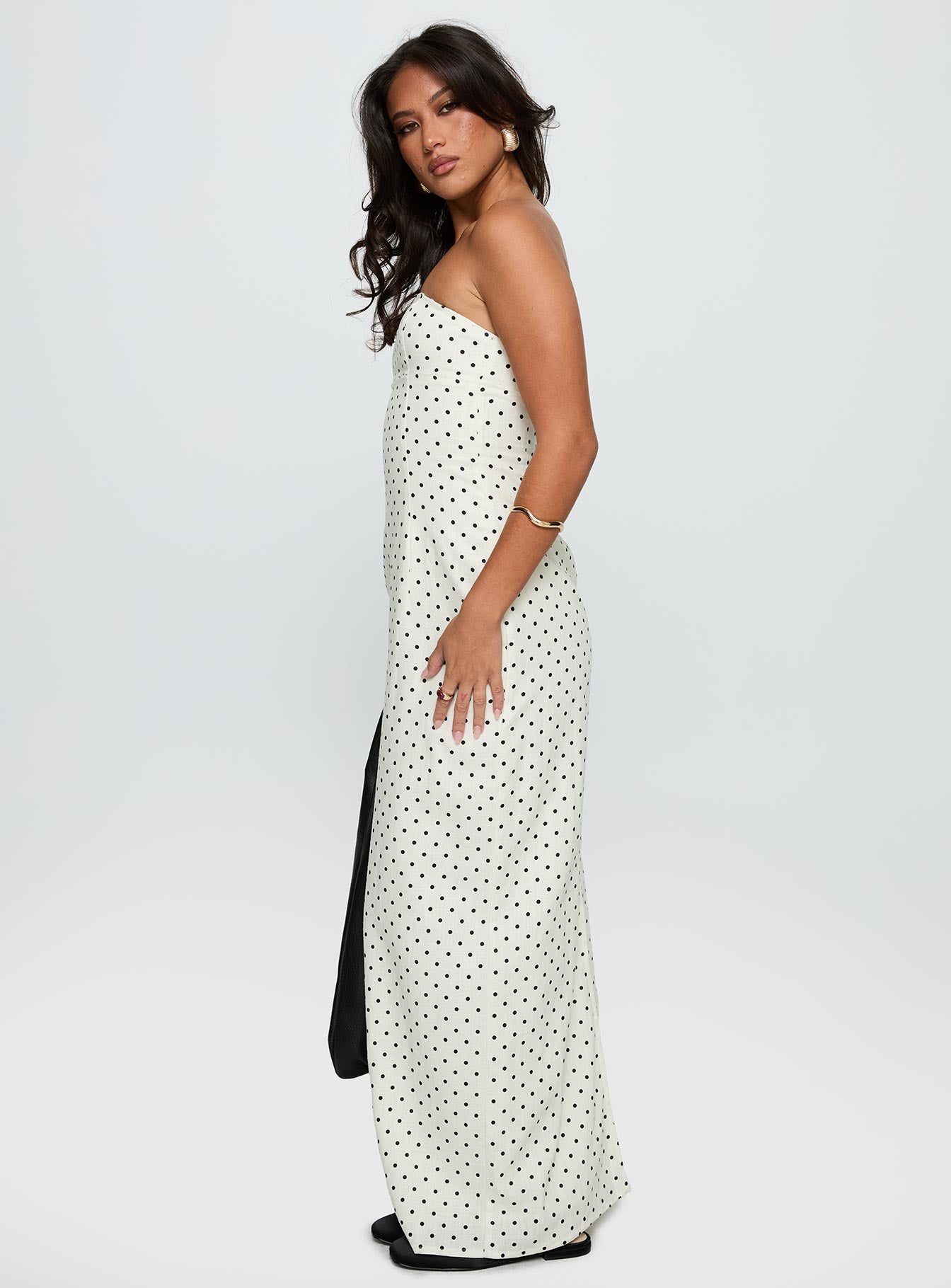 Dovie Linen Blend Strapless Midi Dress Cream Polka
