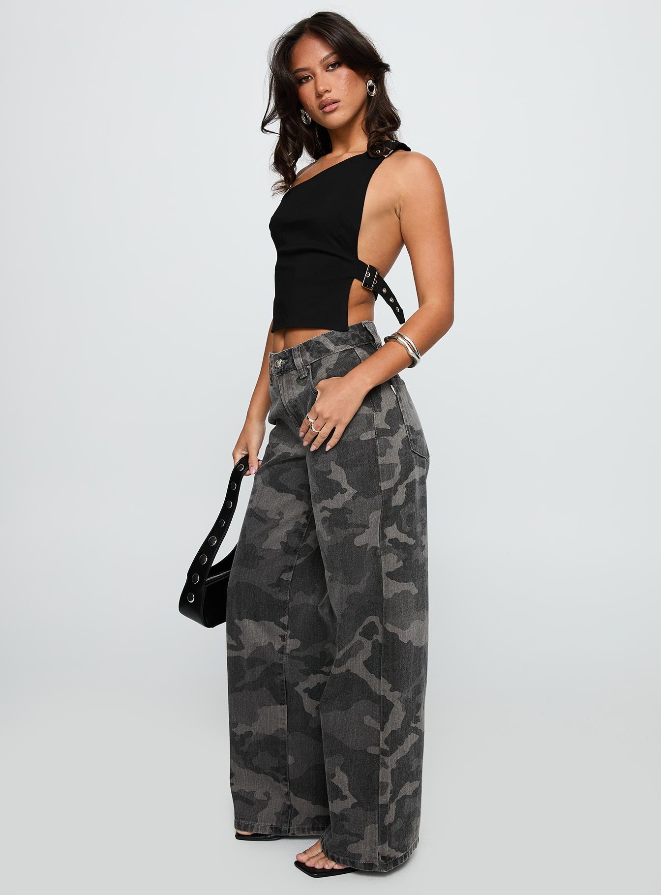Big Talk Mid Rise Straight Leg Jeans Grey Washed Camo