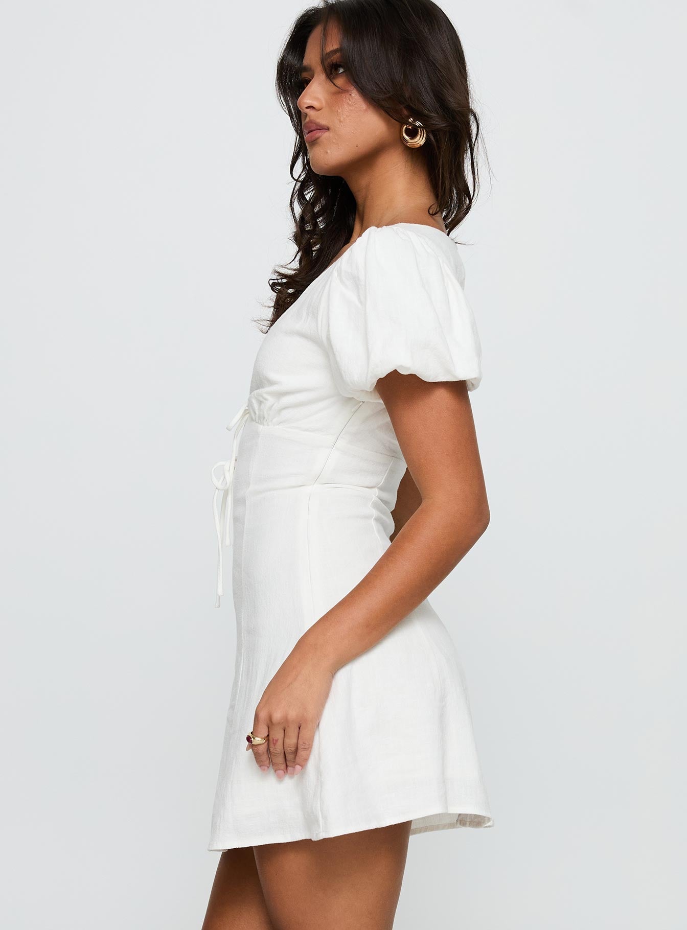 Beloved Puff Sleeve Linen Blend Mini Dress White