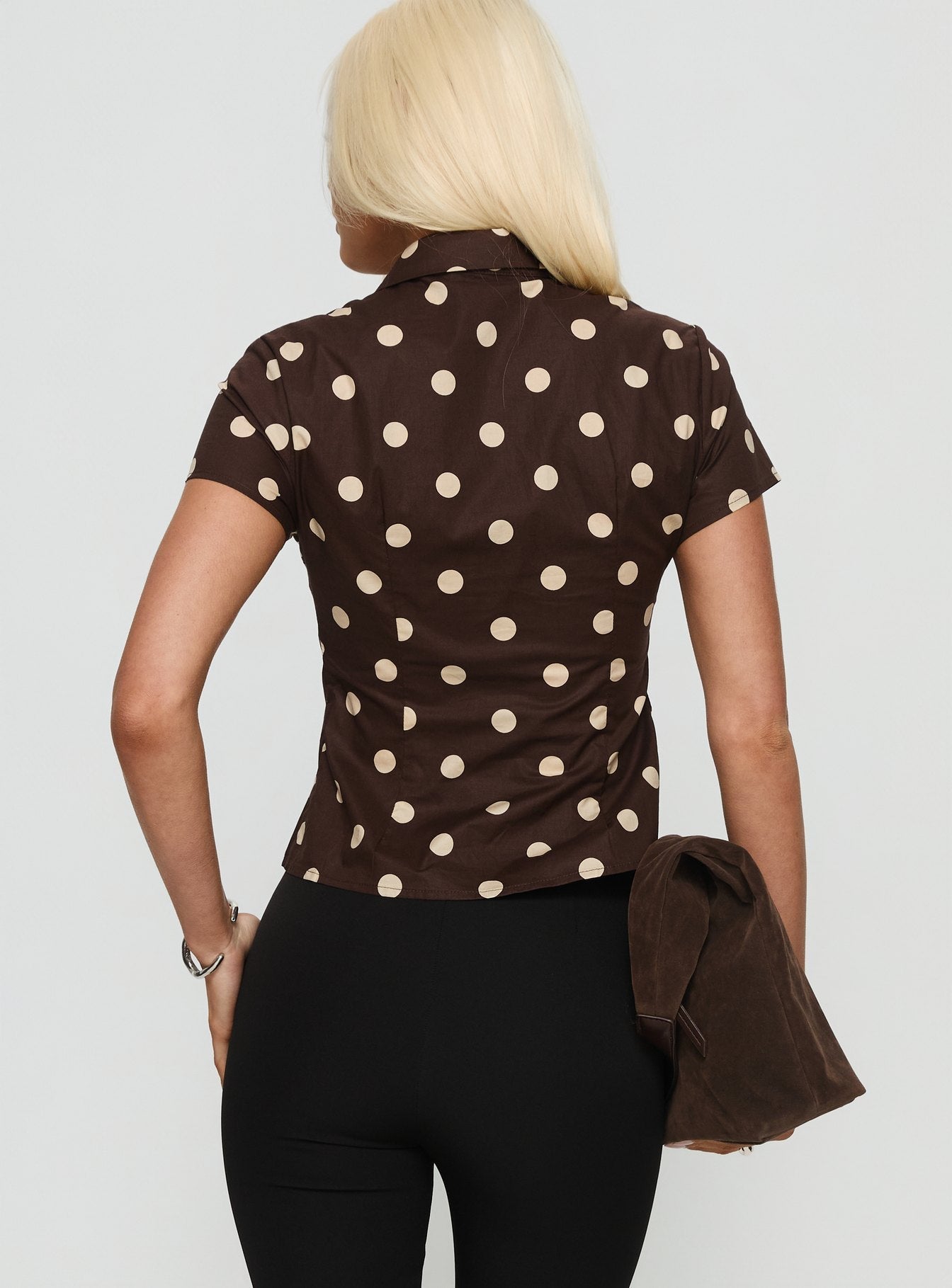 Lift Off Button Up Top Choc / Lemon Polka