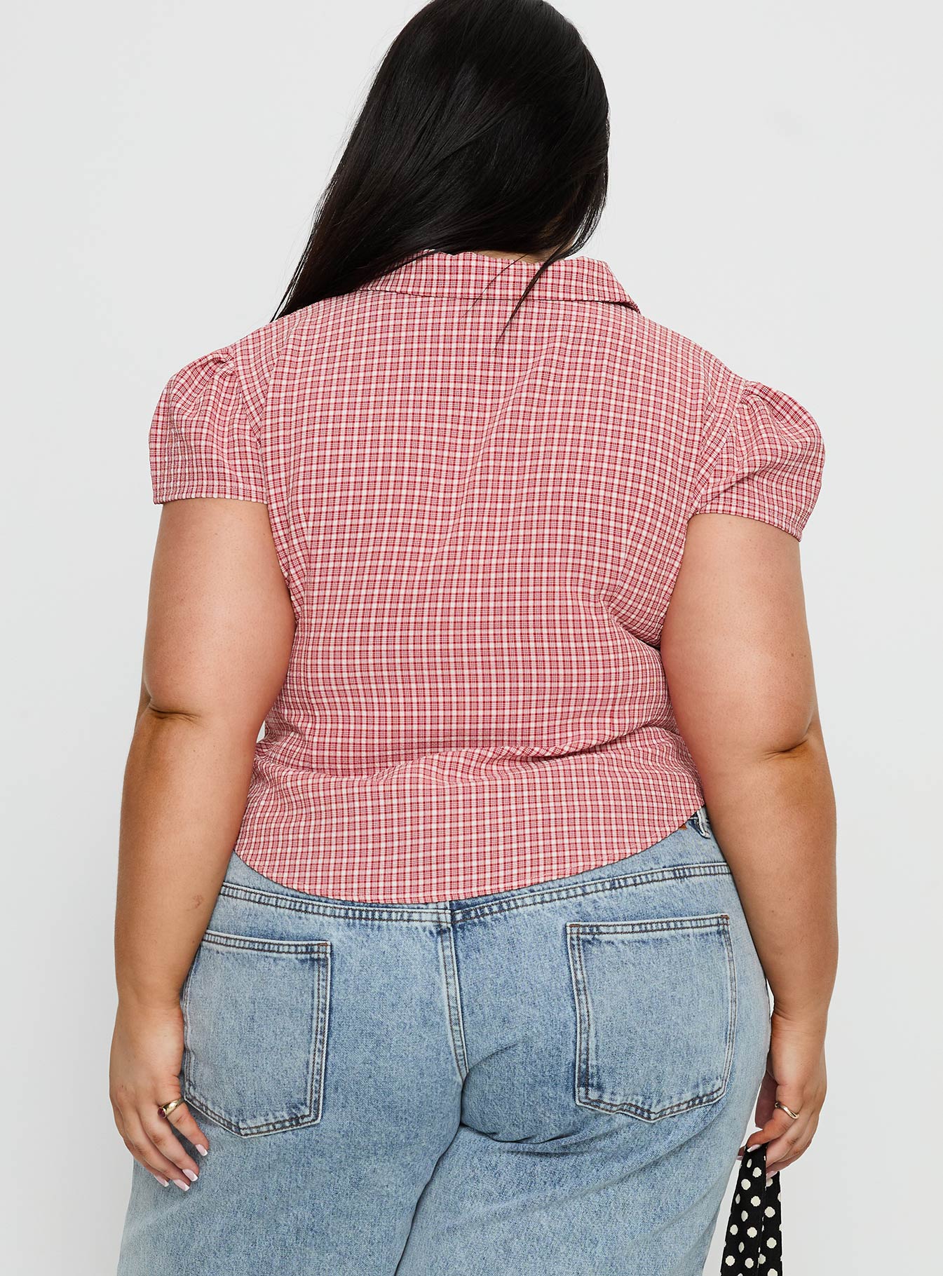 Float Away Button Up Top Red Check Curve