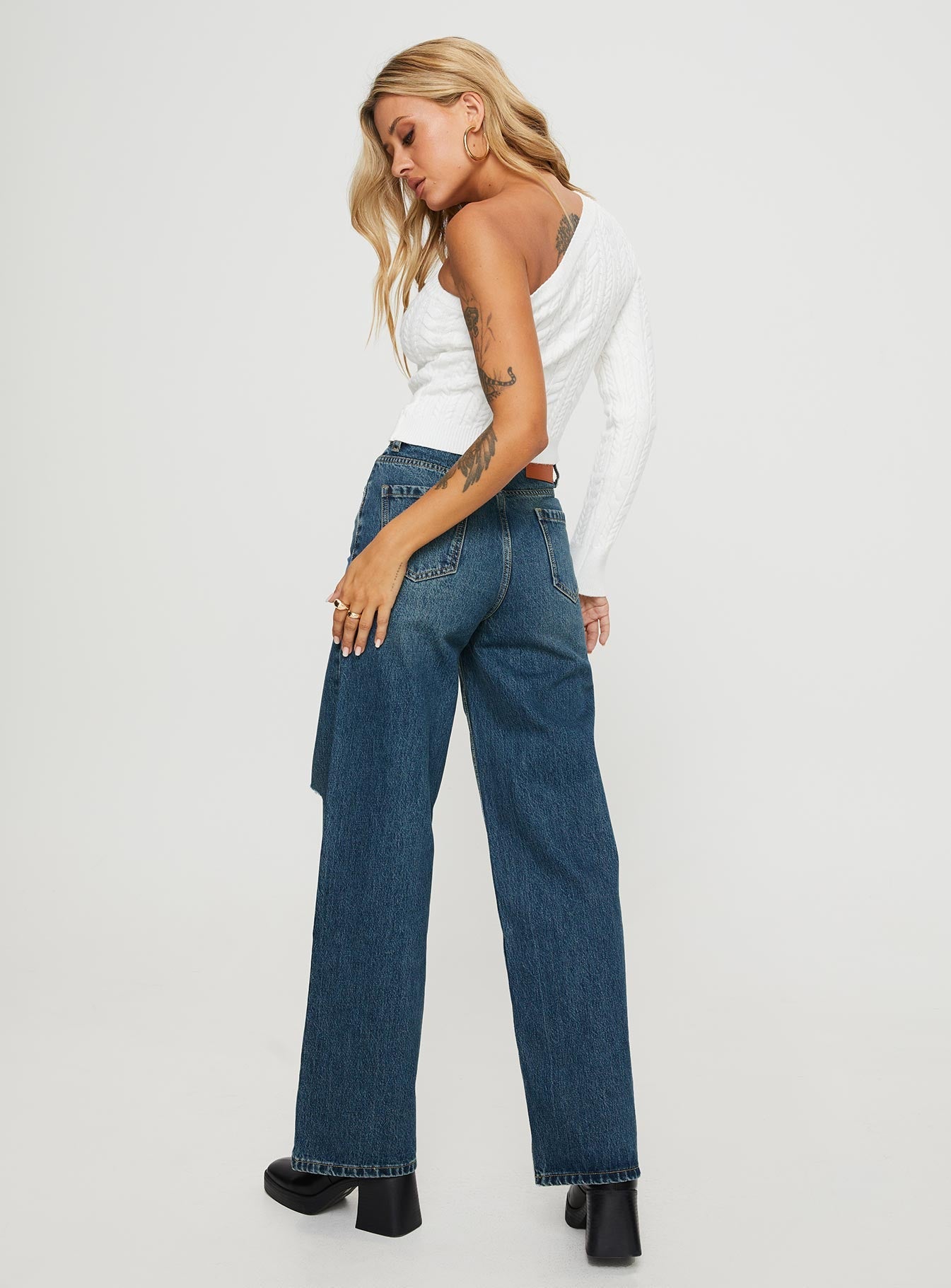 Beetle High Rise Wide Leg Ripped Jeans Mid Wash
