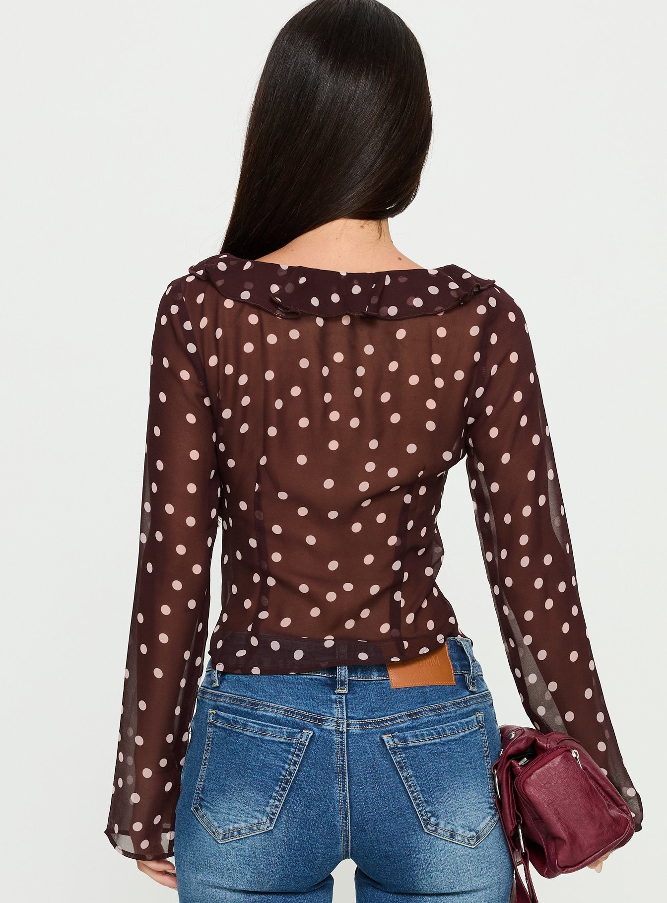 Corazon Sheer Frill Long Sleeve Top Burgundy Polka