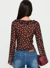 Corazon Sheer Frill Long Sleeve Top Burgundy Polka
