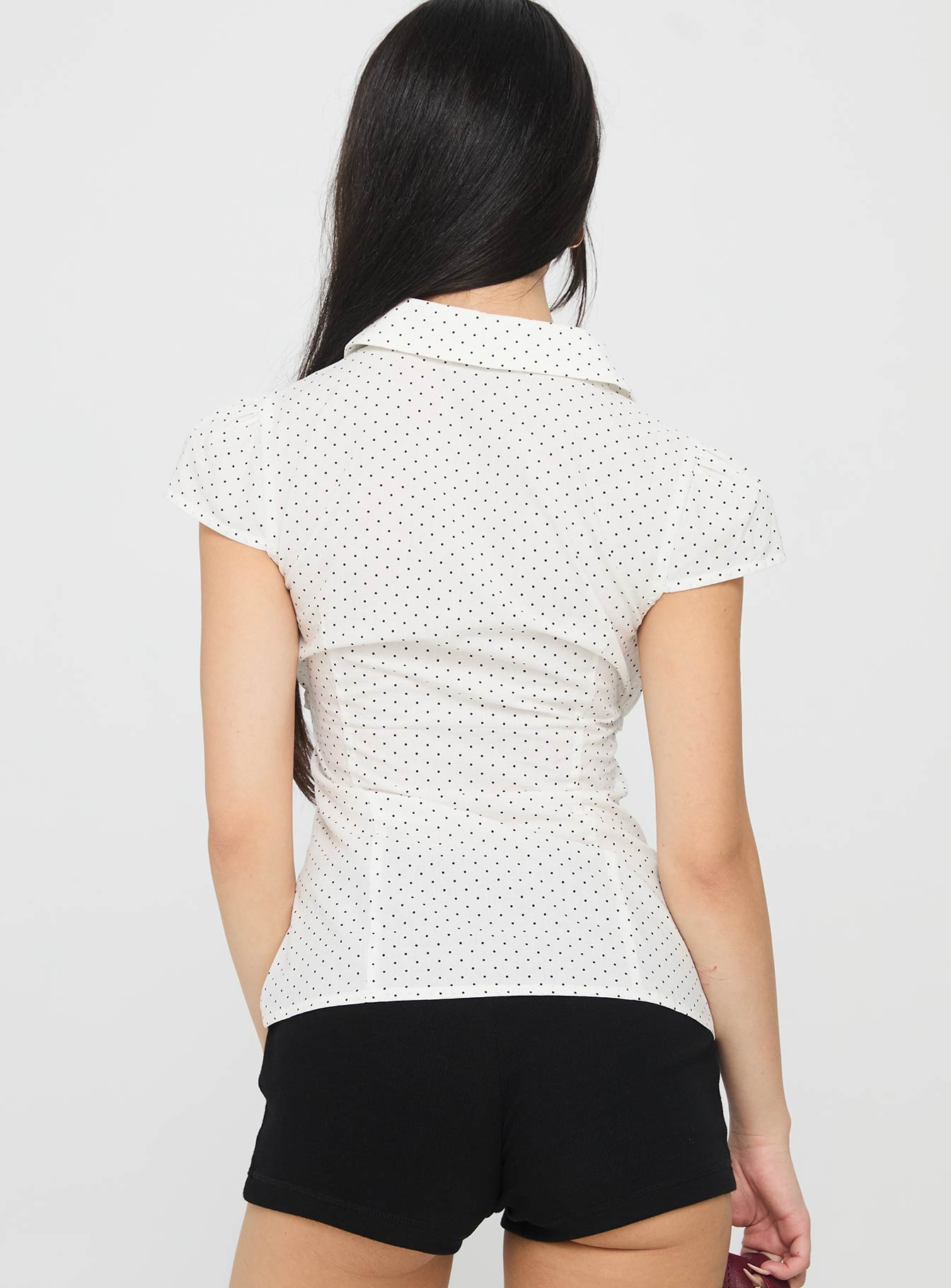 Lyzbeth Ruched Button Up Top White Polka