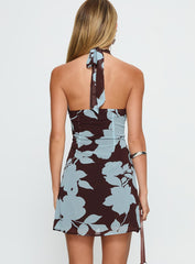 Cecily Scarf Halter Mini Dress Blue Floral