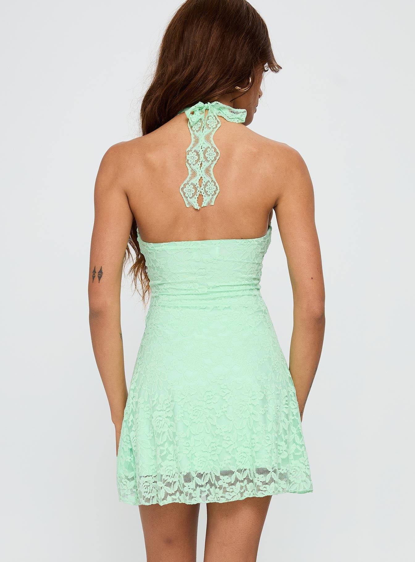 Front Page Halter Lace Mini Dress Aqua