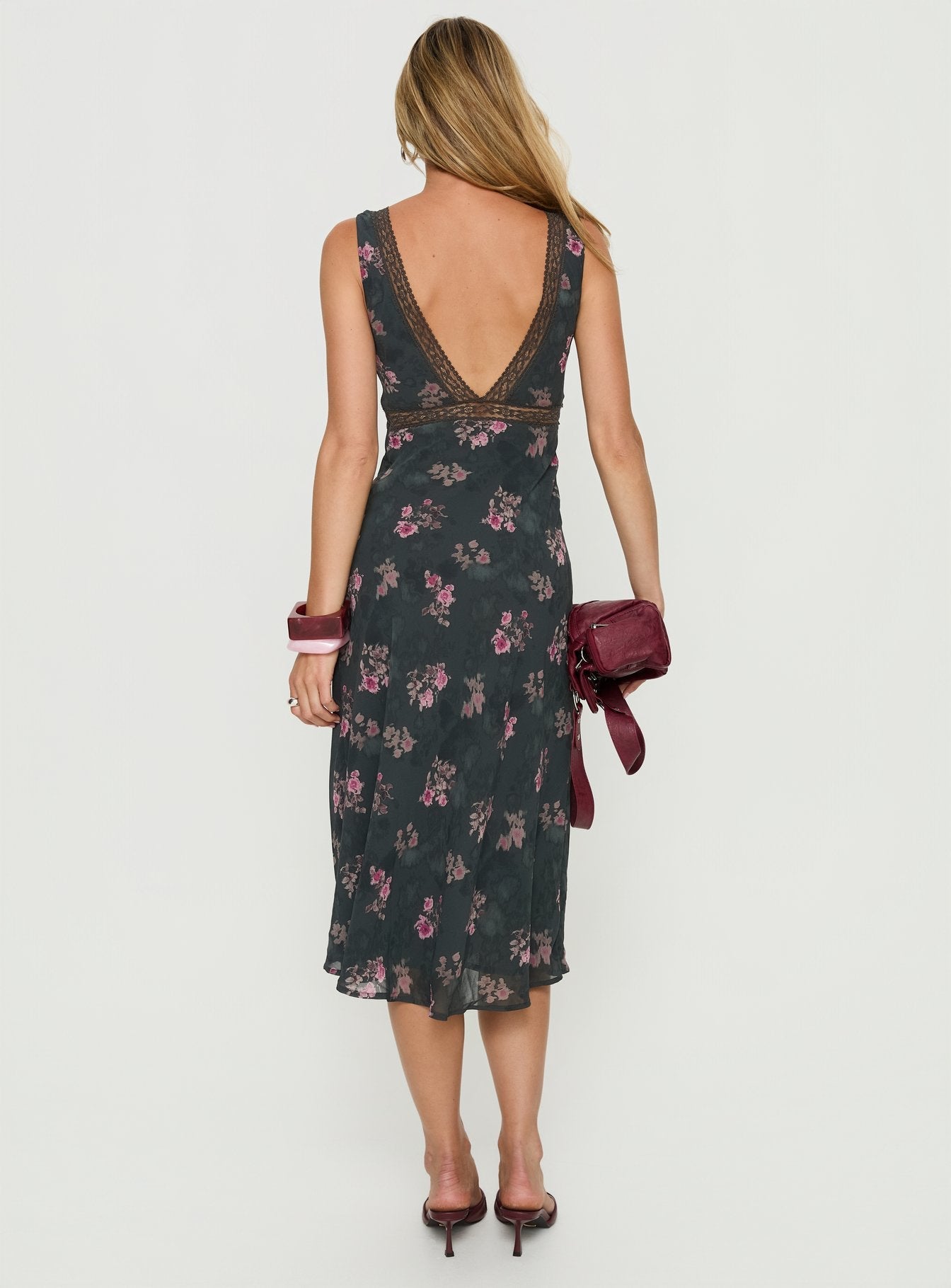 Kenadi Lace Bias Midi Dress Black Floral