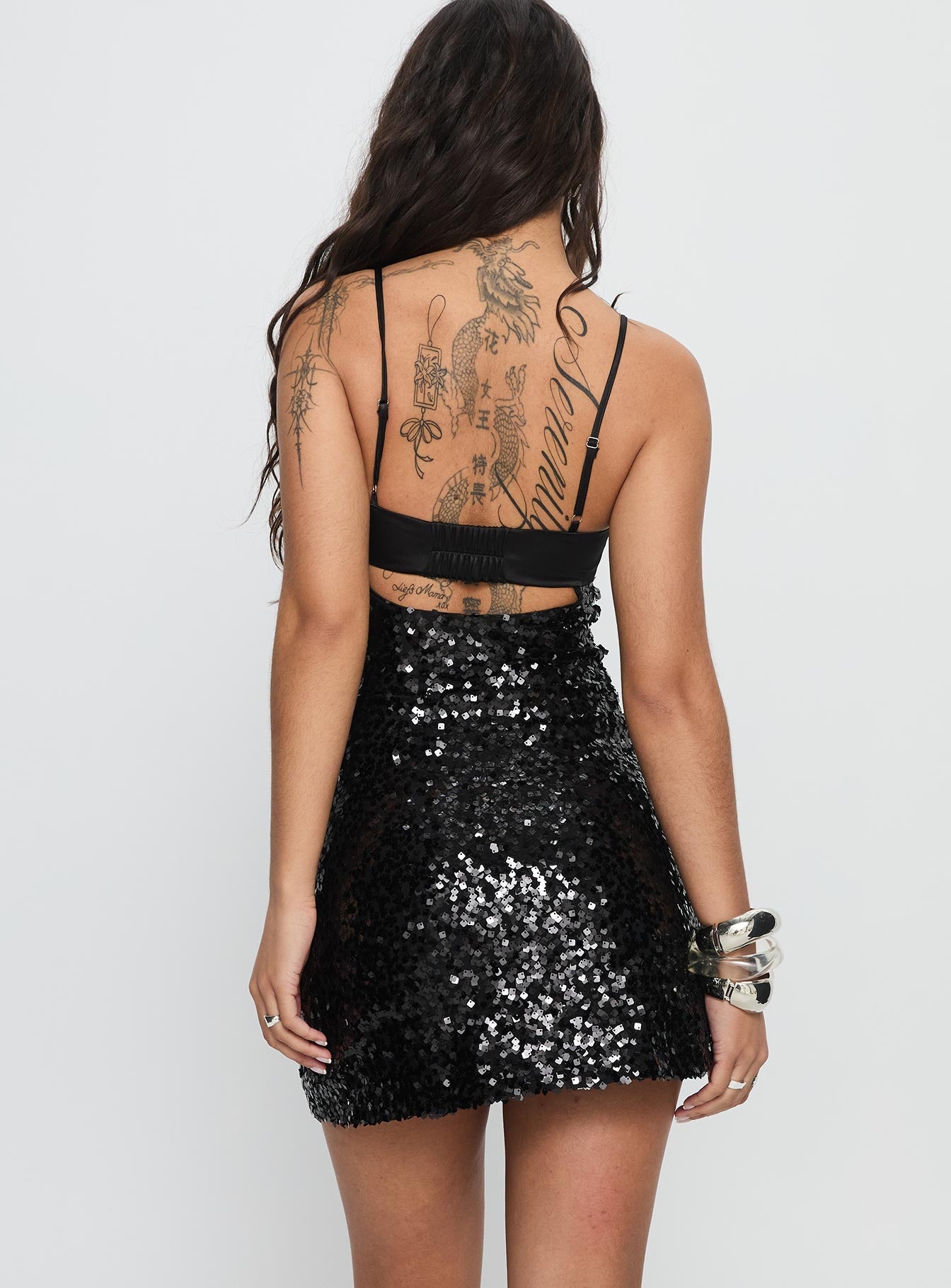 Alishia Satin Sequin Corset Mini Dress Black