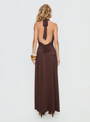 Diona Halter Ruched Maxi Dress Brown