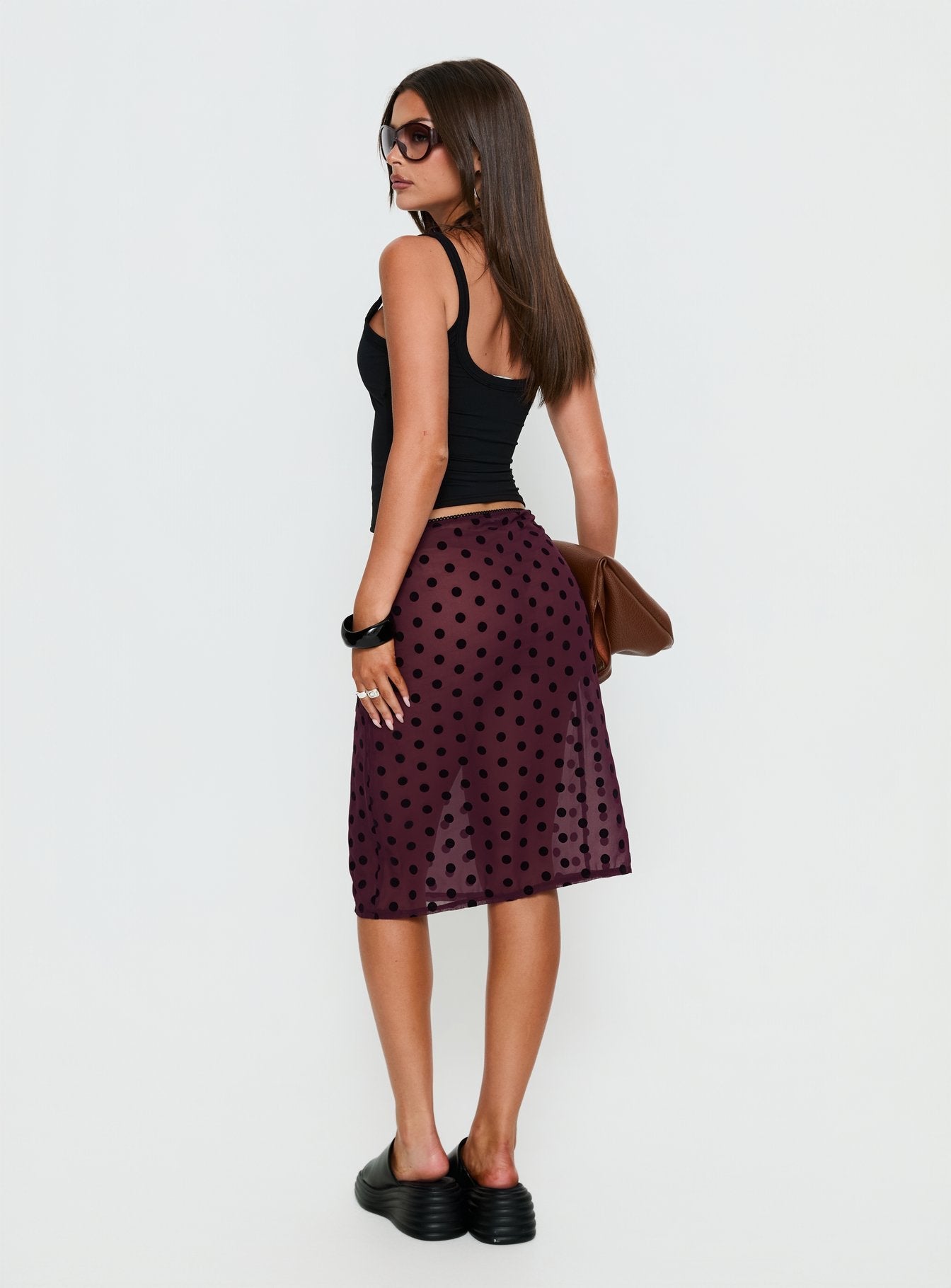 Evani Sheer Chiffon Midi Skirt Polka Maroon