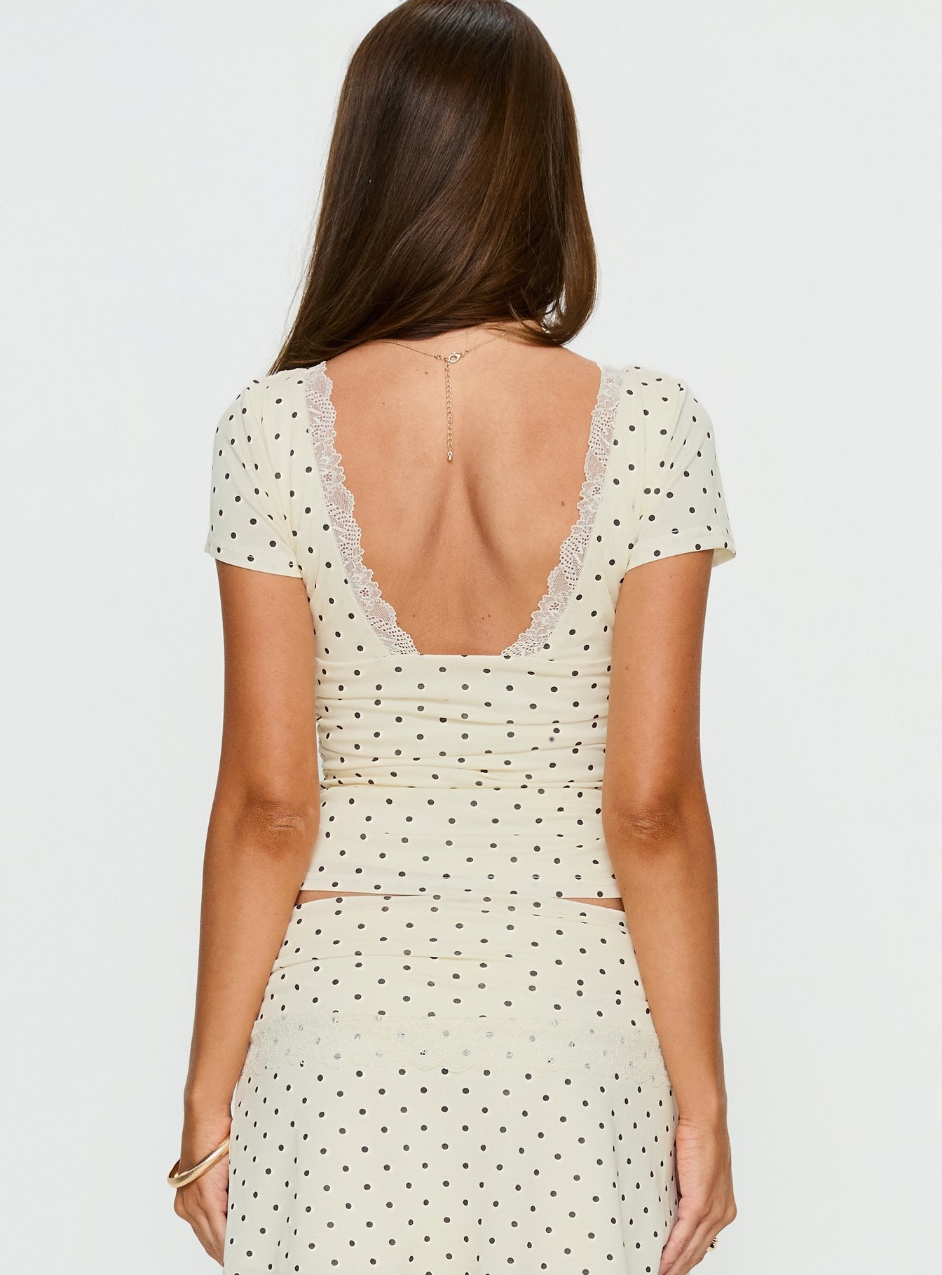Amia Lace V Neck Top Cream Polka Dot