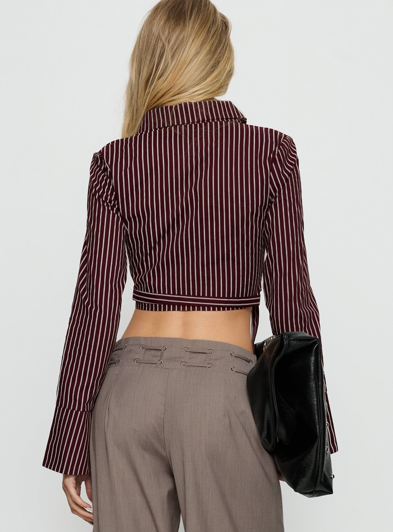 Anslee Wrap Detail Cropped Long Sleeve Top Burgundy Stripe
