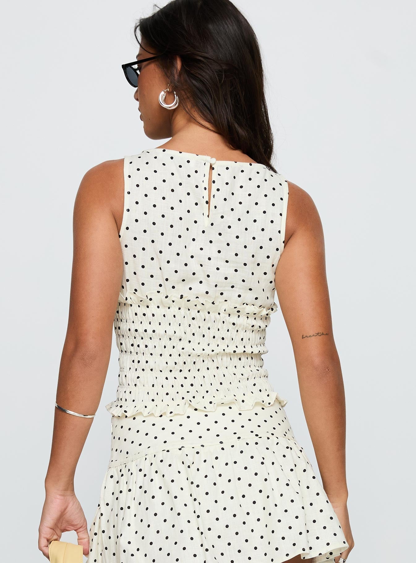 Roxee Ruched Linen Blend Top Cream Polka Dot