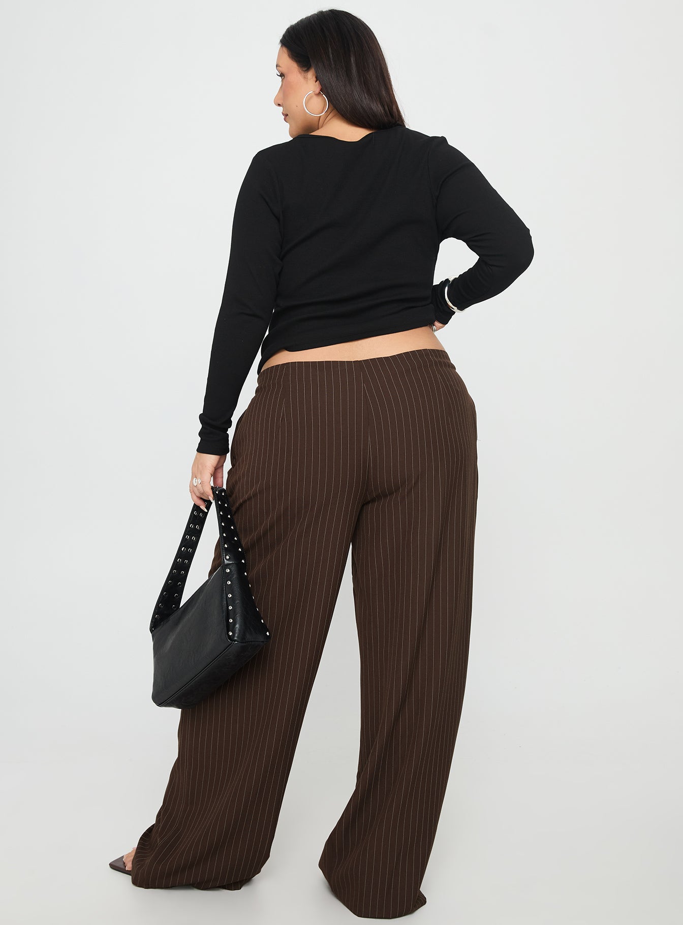 Khane Low Rise Wide Leg Pant Brown Pinstripe Curve