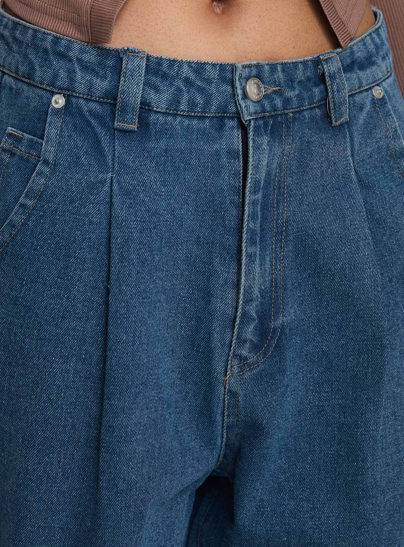 Forestier Mid Rise Barrel Leg Pin Tuck Jeans Mid Blue