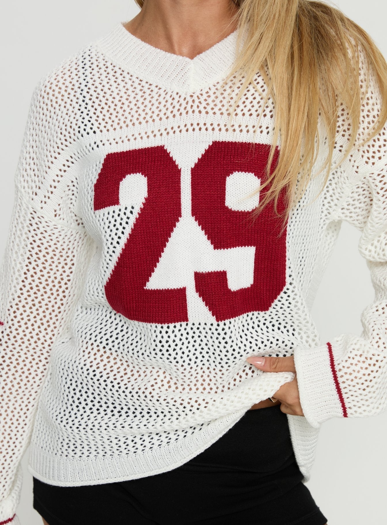 Korrin V Neck Graphic Knit Sweater White