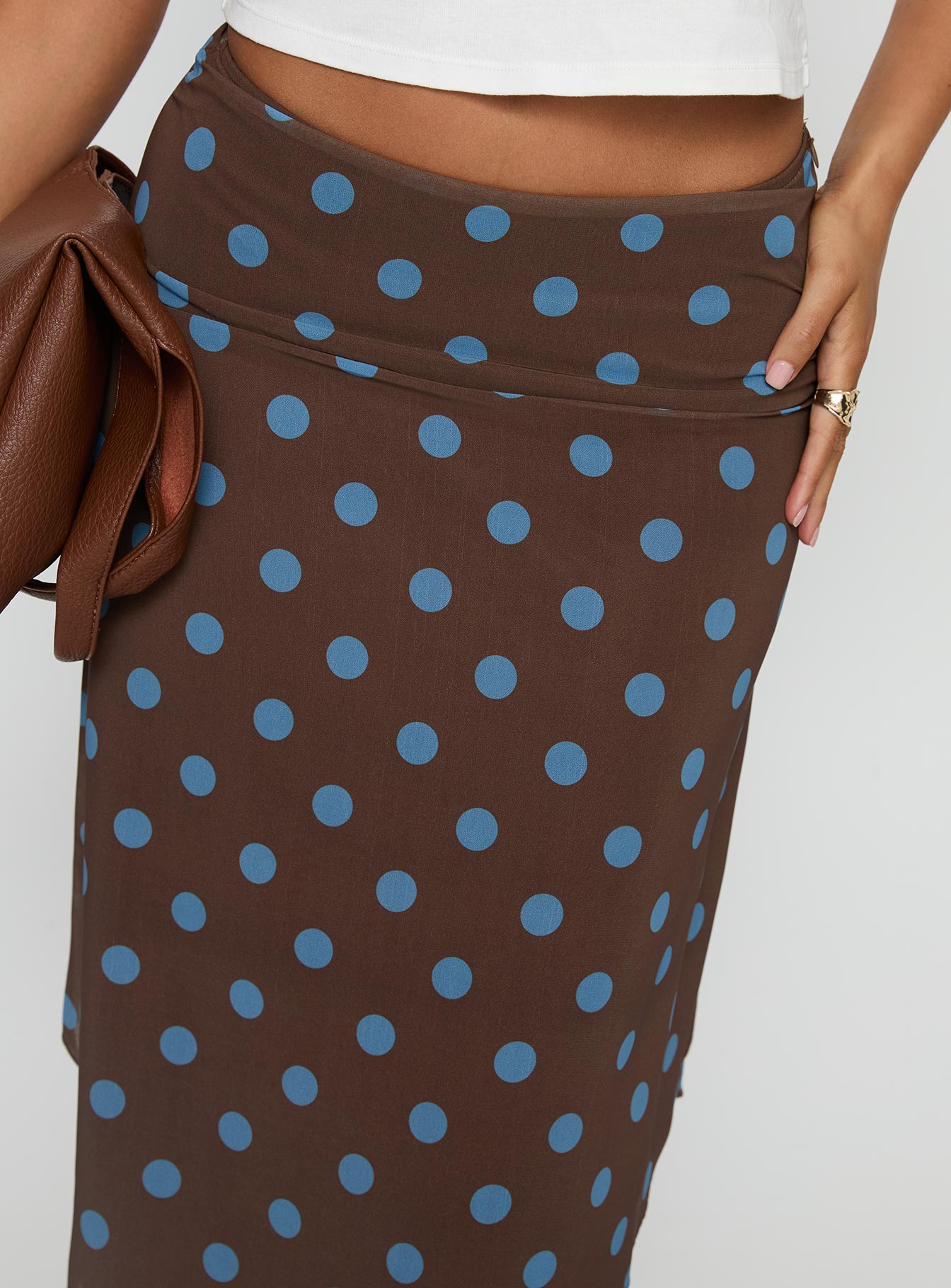 Daphene Asymmetrical Midi Skirt Brown / Blue Polka Dot