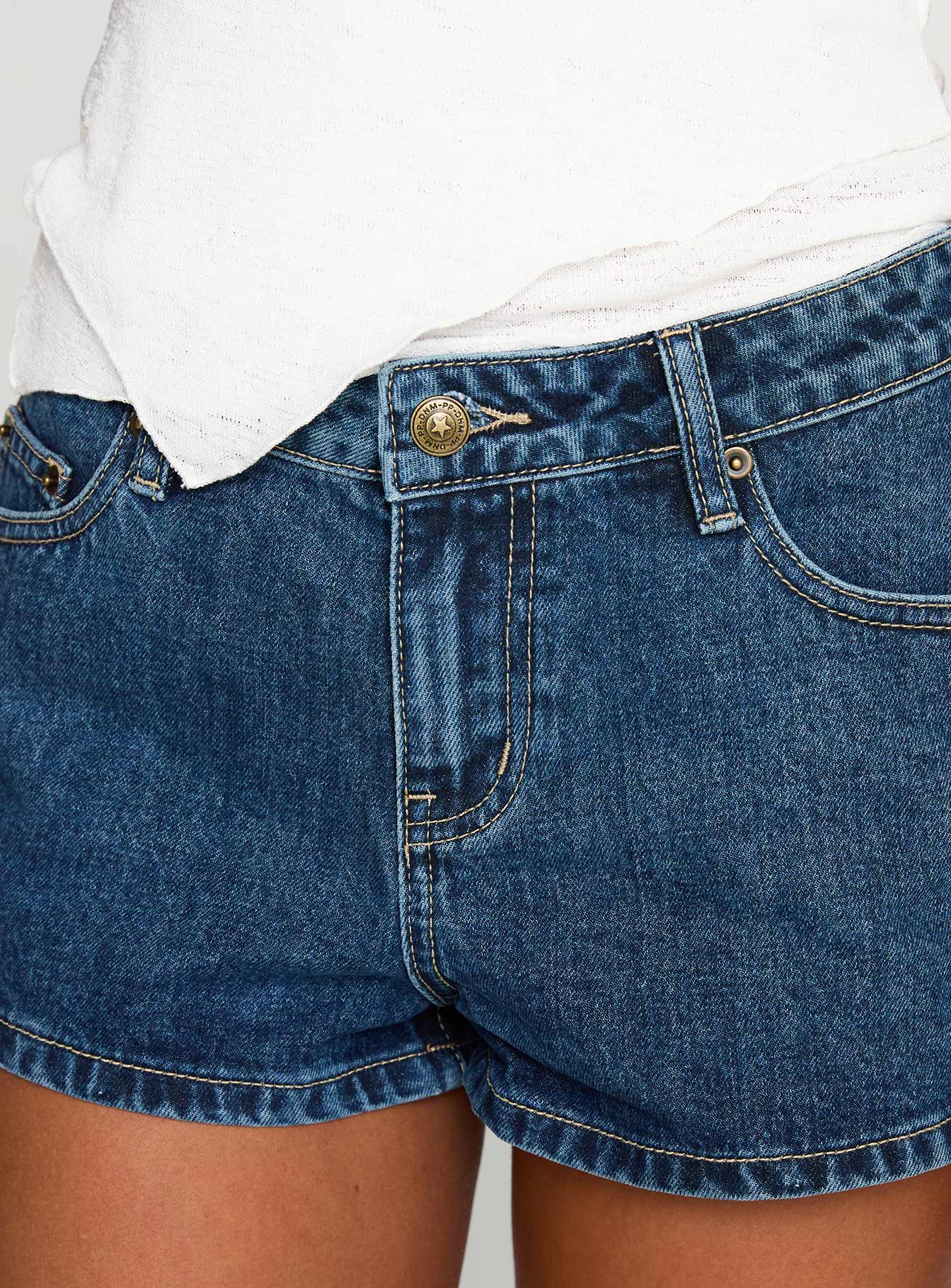 Dreamful Low Rise Mini Denim Shorts Mid Wash Tall